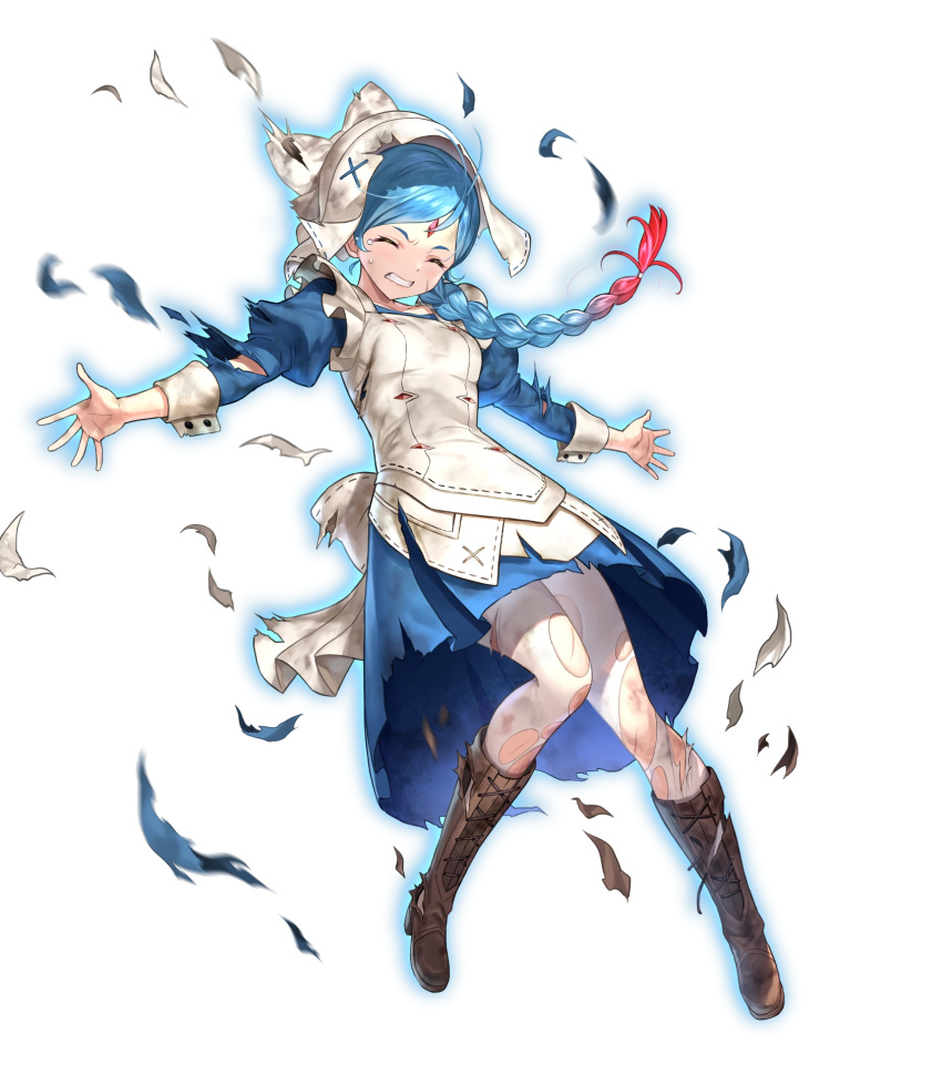 1girl apron bangs blue_dress blue_hair boots braid breasts clenched_teeth closed_eyes dress fire_emblem fire_emblem_fates fire_emblem_heroes forehead_jewel full_body gradient gradient_hair hat highres jewelry knee_boots kousei_horiguchi lilith_(fire_emblem) long_hair long_sleeves maid medium_breasts multicolored_hair official_art pale_skin pantyhose parted_lips redhead shiny shiny_hair single_braid solo teeth tied_hair torn_clothes torn_dress torn_legwear white_legwear