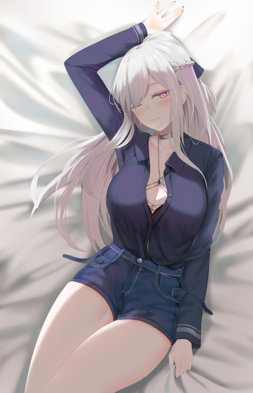 1girl ak-12_(girls_frontline) bangs bed_sheet blue_shirt blush braid breasts collarbone collared_shirt commentary_request cowboy_shot denim denim_shorts eyebrows_visible_through_hair french_braid from_above girls_frontline highres light_smile long_hair long_sleeves looking_at_viewer lying on_back one_eye_closed ru_zhai shirt shorts sidelocks silver_hair solo swept_bangs violet_eyes