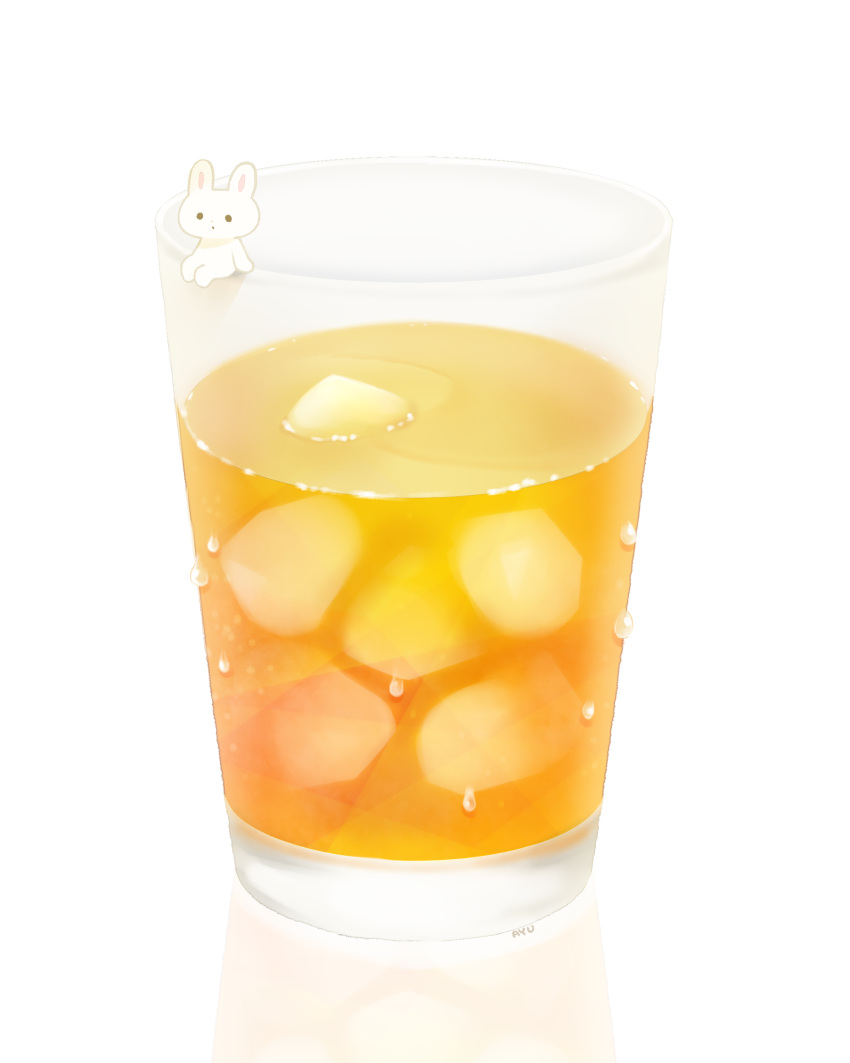 absurdres ayu_(mog) condensation glass highres ice looking_at_viewer no_humans orange_juice original rabbit reflective_floor signature simple_background sitting solo white_background