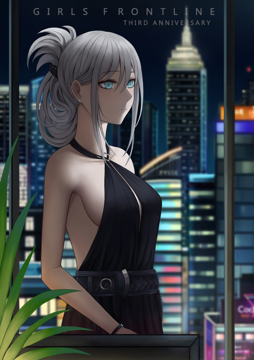1girl an-94_(girls_frontline) belt black_dress blue_eyes bow breasts city dress earrings girls_frontline hair_bow hair_ornament highres jewelry long_hair looking_away medium_breasts selcky silver_hair solo speech_bubble