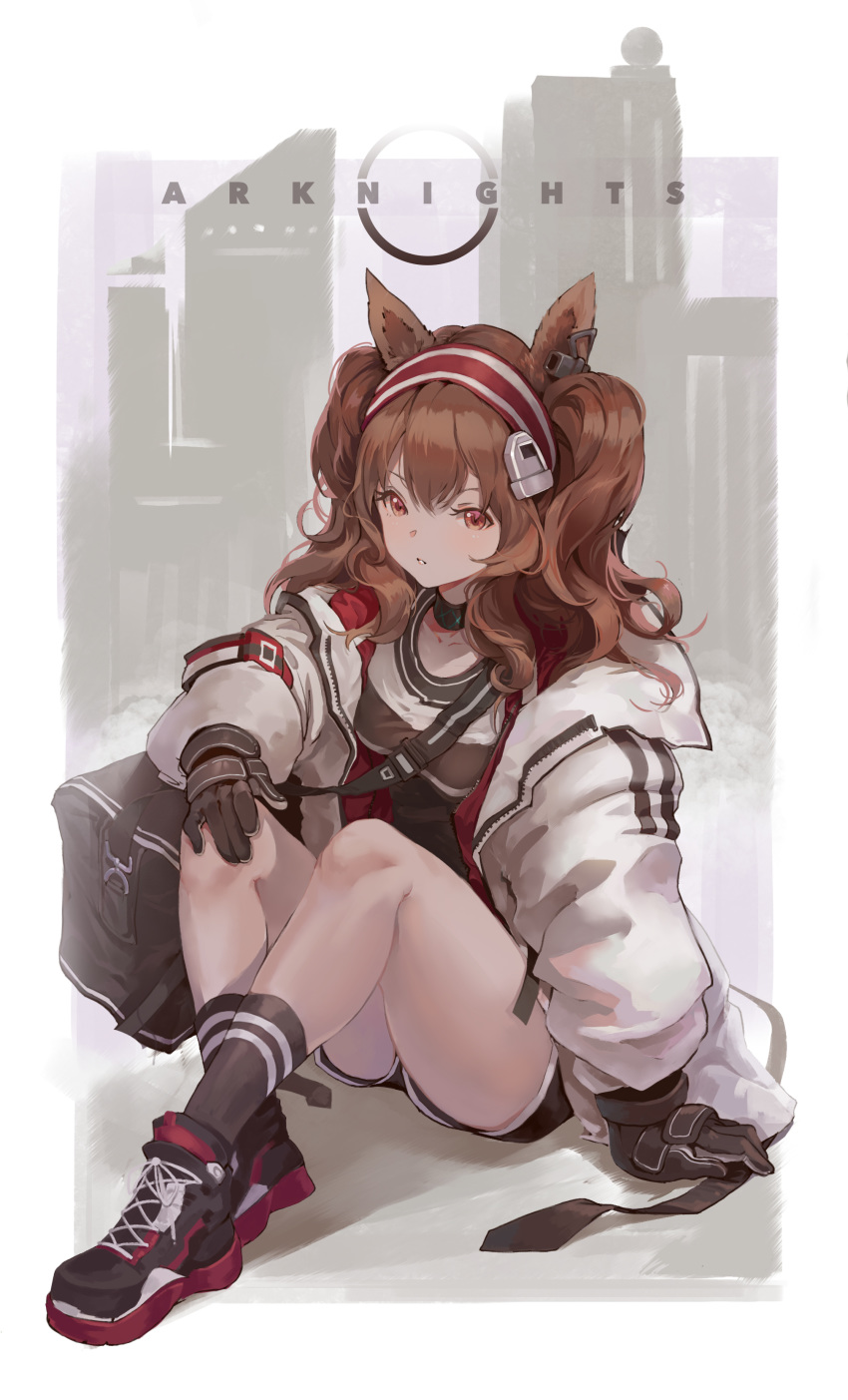 absurdres angelina_(arknights) animal_ears arknights bag bangs black_footwear black_gloves black_shorts brown_hair choker coat copyright_name cross-laced_footwear crossed_ankles earpiece fox_ears full_body gloves hairband hand_on_own_knee highres knees_up lestrn long_hair long_sleeves looking_at_viewer open_clothes puffy_sleeves red_eyes red_hairband shoes shorts shoulder_bag sidelocks sitting striped striped_hairband thighs tube_socks twintails white_coat