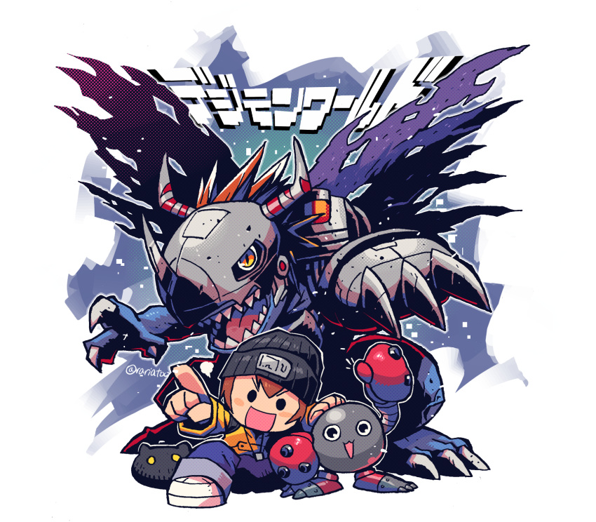 1boy :3 :d beanie black_headwear blue_pants blush_stickers character_request claws copyright_name digimon digimon_world_re:digitize hand_up hat highres looking_at_viewer metalgreymon monster open_mouth orange_shirt pants rariatto_(ganguri) shirt shoes slit_pupils smile twitter_username wings