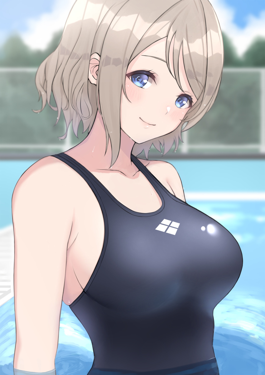 1girl absurdres arhah black_swimsuit blue_eyes blue_sky blurry breasts chain-link_fence clouds collarbone competition_swimsuit day depth_of_field fence grey_hair highres large_breasts logo looking_at_viewer love_live! love_live!_sunshine!! one-piece_swimsuit outdoors partially_submerged pool short_hair sky solo swimsuit upper_body watanabe_you