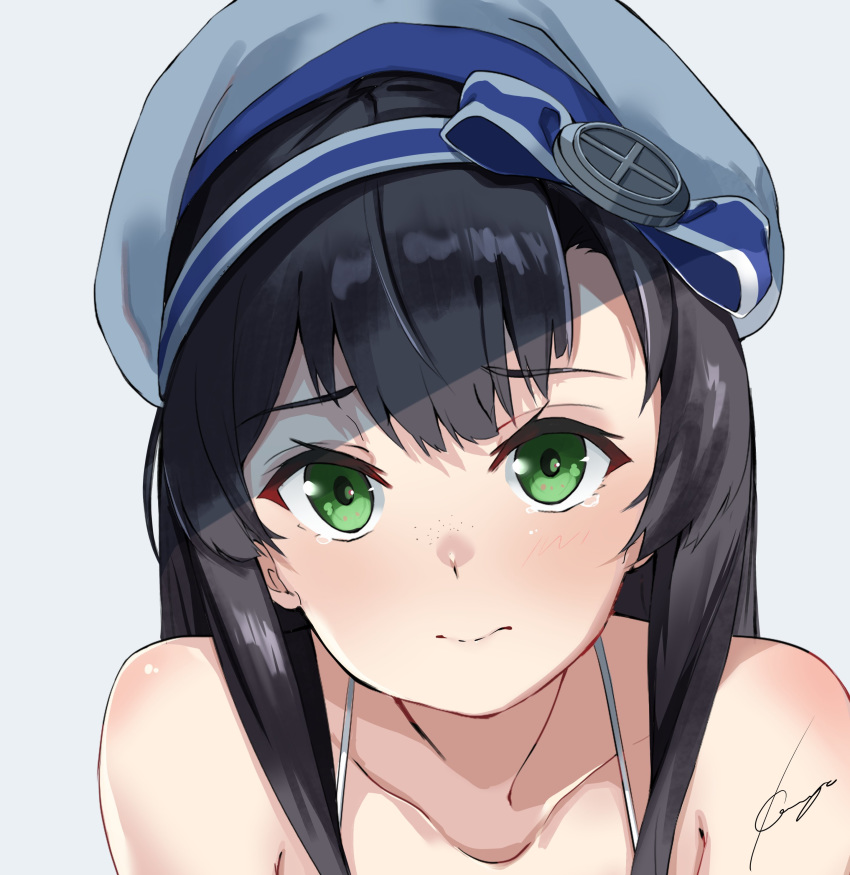 1girl absurdres bangs bare_shoulders black_hair blush closed_mouth collarbone commentary eyebrows_visible_through_hair freckles green_eyes grey_background hat highres kantai_collection long_hair matsuwa_(kantai_collection) sailor_hat signature simple_background solo sui_(sui27shika) tears upper_body white_headwear