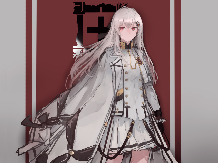 1girl black_gloves buttons closed_mouth collared_jacket girls_frontline gloves hair_ornament hairclip highres iws-2000_(girls_frontline) jacket long_hair long_sleeves rampart1028 red_eyes shirt skirt solo white_hair white_jacket white_shirt white_skirt white_uniform