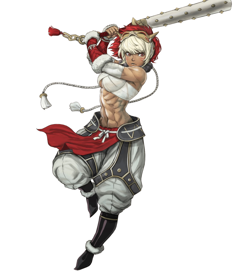 1girl abs bandaged_arm bandages bare_shoulders biceps boots breasts closed_mouth club dark_skin facial_mark fire fire_emblem fire_emblem_fates fire_emblem_heroes full_body fur_trim highres holding holding_weapon kanabou lips mask mask_on_head medium_breasts midriff muscle muscular_female navel official_art pants rinkah_(fire_emblem) sarashi solo spiked_club stomach toshiyuki_kusakihara weapon