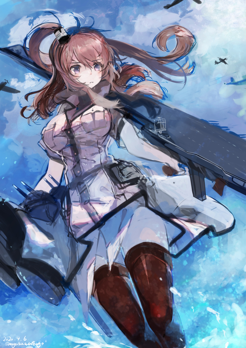 1girl absurdres aircraft airplane bangs breast_pocket breasts brown_hair clouds dress drum_magazine flight_deck highres holding kantai_collection large_breasts long_hair nagasawa_tougo outdoors pocket red_legwear remodel_(kantai_collection) rigging saratoga_(kantai_collection) side_ponytail sky smokestack_hair_ornament solo thigh-highs turret violet_eyes water white_dress