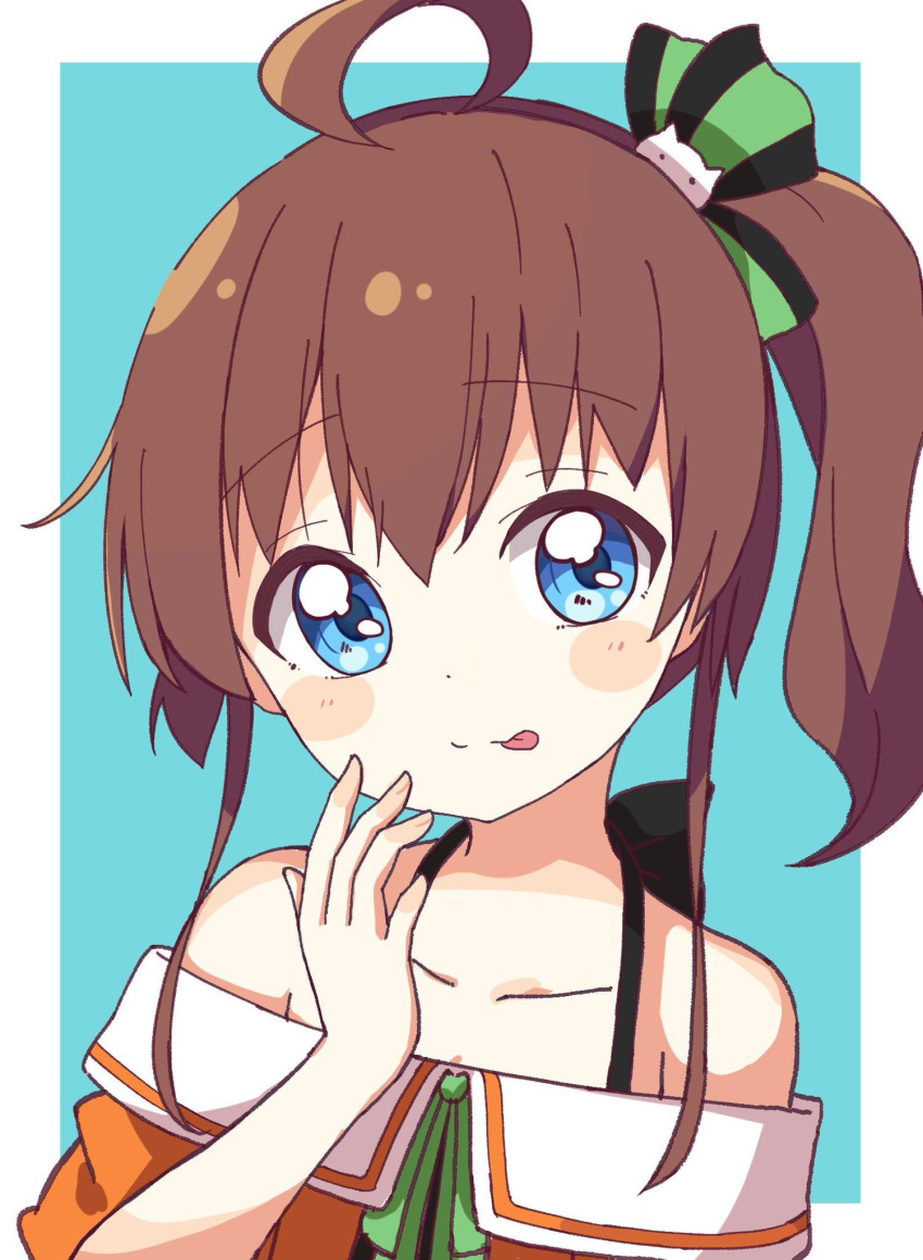 1girl :p ahoge bangs bare_shoulders blue_background blue_eyes blush_stickers brown_hair closed_mouth collarbone commentary_request eyebrows_visible_through_hair green_ribbon hair_between_eyes hand_up high_ponytail highres hololive jacket natsuiro_matsuri neck_ribbon off-shoulder_jacket okota_mikan orange_jacket ribbon side_ponytail smile solo tongue tongue_out two-tone_background upper_body virtual_youtuber white_background