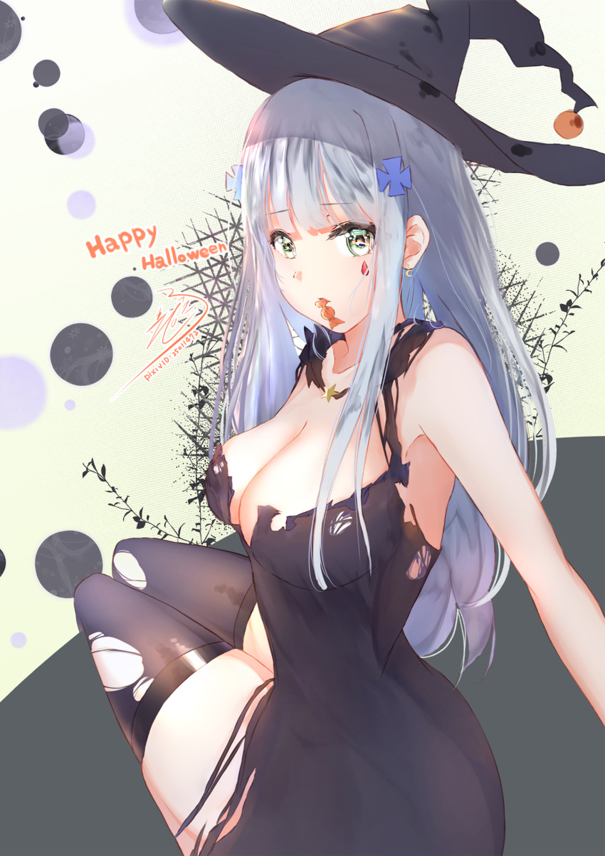 1girl bangs black_dress blue_hair breasts candy dress earrings food girls_frontline green_eyes halloween happy_halloween hat highres hk416_(girls_frontline) jewelry large_breasts long_hair looking_at_viewer necklace simple_background sitting solo star star_necklace teratsuki thigh-highs tight torn_clothes torn_legwear witch_costume witch_hat