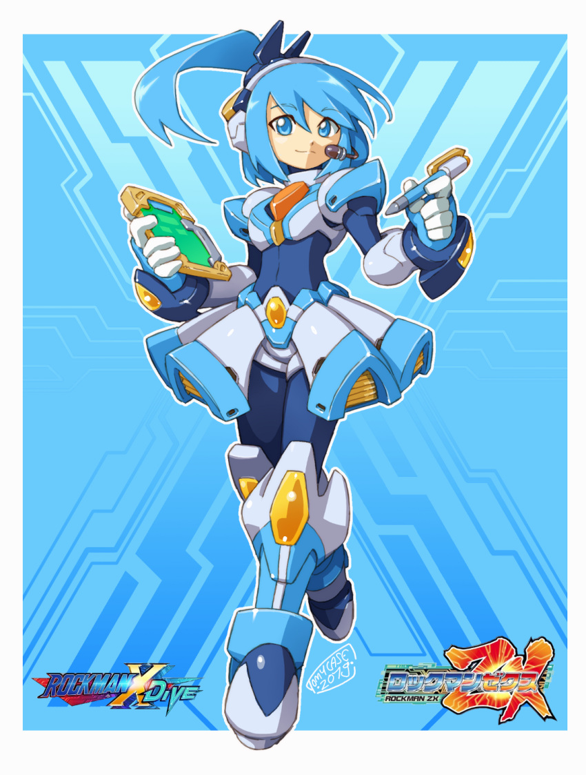 1girl 2019 aqua_eyes aqua_hair armor copyright_name eyebrows_visible_through_hair headphones highres holding logo looking_at_viewer navigator rico_(rockman) rockman rockman_x rockman_x_dive rockman_zx side_ponytail signature smile solo stylus tomycase