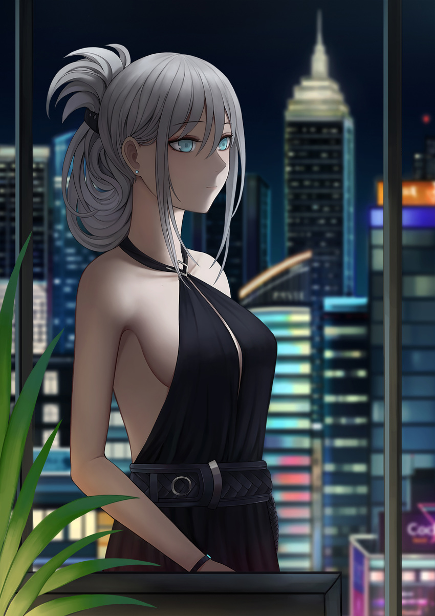 1girl an-94_(girls_frontline) belt black_dress blue_eyes bow breasts city dress earrings girls_frontline hair_bow hair_ornament highres jewelry long_hair looking_away medium_breasts selcky silver_hair solo