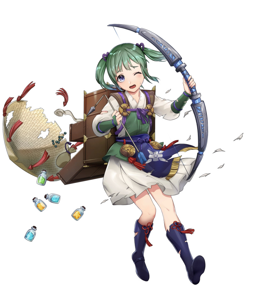 1girl arrow backpack bag bangs boots bow_(weapon) bridal_gauntlets broken_arrow dress fire_emblem fire_emblem_fates fire_emblem_heroes full_body glass_bottle green_hair hat highres holding holding_bow_(weapon) holding_weapon japanese_clothes kimono long_hair long_sleeves midori_(fire_emblem) mikurou_(nayuta) official_art one_eye_closed open_mouth shiny shiny_hair solo tied_hair torn_clothes transparent_background twintails violet_eyes weapon