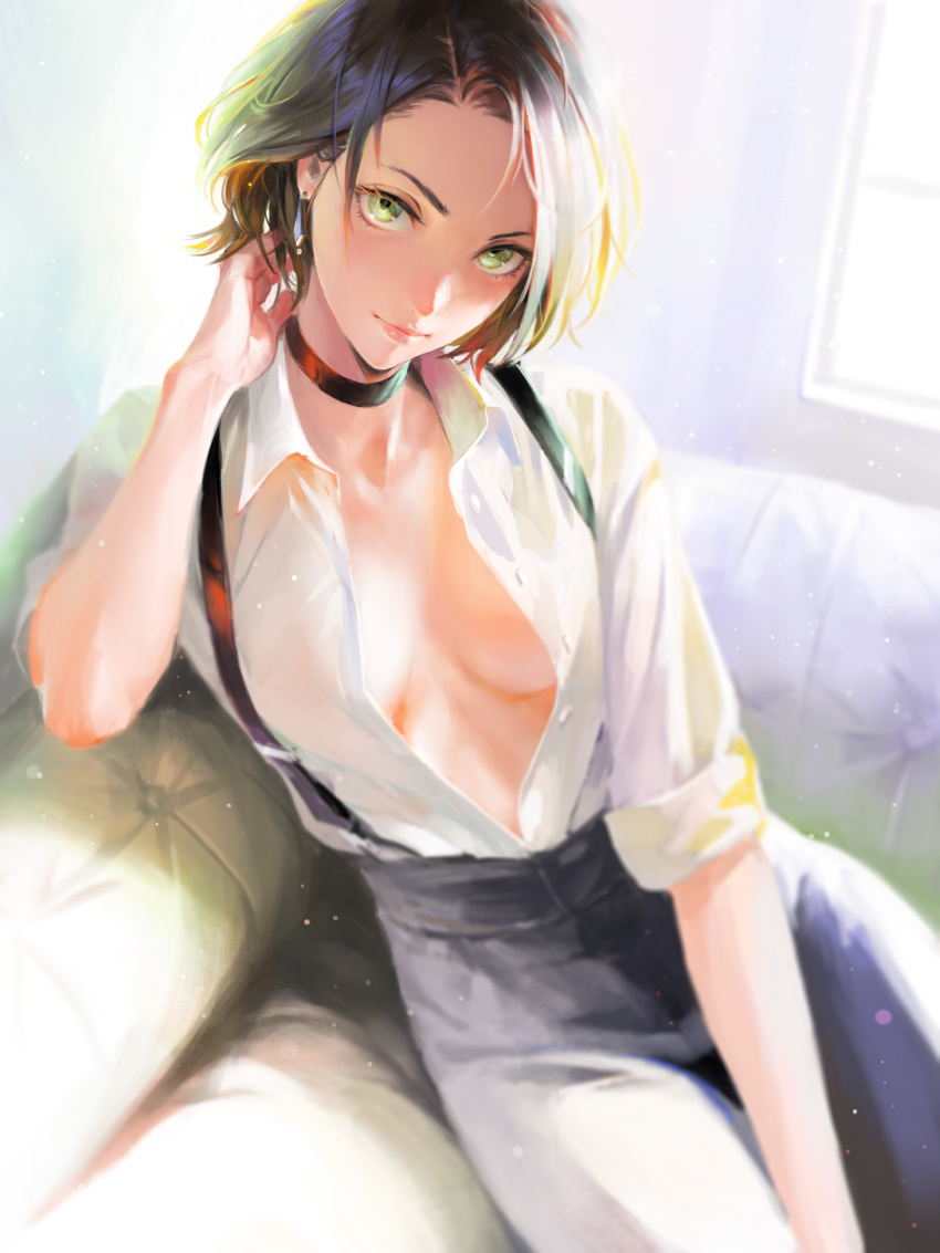 1girl arata_yokoyama black_choker black_hair black_pants breasts choker closed_mouth couch earrings green_eyes highres jewelry lips looking_at_viewer medium_breasts open_clothes open_shirt original pants shirt sitting solo suspenders white_shirt window