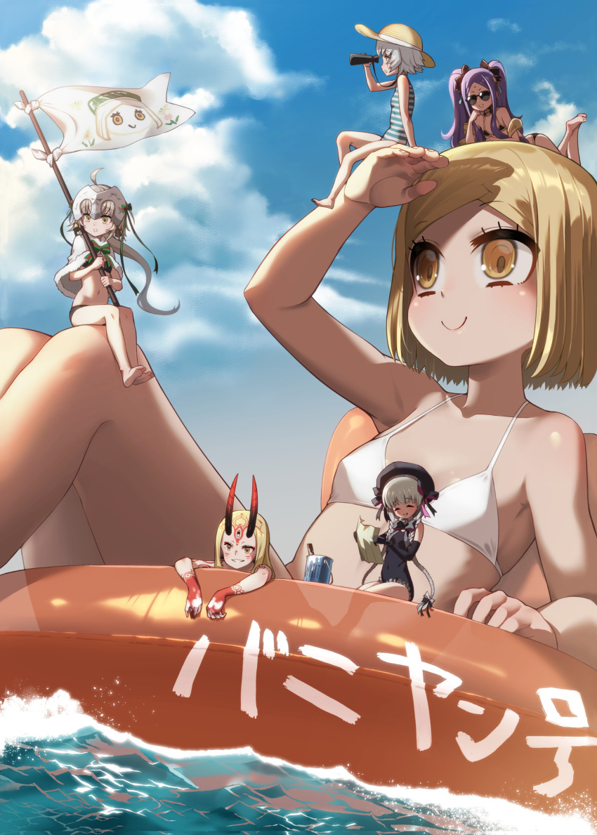 6+girls absurdres bangs barefoot bikini black_bikini blonde_hair blue_sky braid breasts closed_eyes closed_mouth clouds day eyebrows_visible_through_hair fate/apocrypha fate/extra fate/grand_order fate_(series) flag flat_chest giantess hair_ribbon highres holding holding_flag horns ibaraki_douji_(fate/grand_order) innertube jack_the_ripper_(fate/apocrypha) jeanne_d'arc_(fate)_(all) jeanne_d'arc_alter_santa_lily long_hair lying multiple_girls navel nursery_rhyme_(fate/extra) ocean on_back on_stomach parted_lips paul_bunyan_(fate/grand_order) purple_hair ribbon saruchitan seaside_luxury shading_eyes silver_hair sitting sky small_breasts smile sunglasses swimsuit tattoo twin_braids twintails very_long_hair white_bikini wu_zetian_(fate/grand_order) yellow_eyes