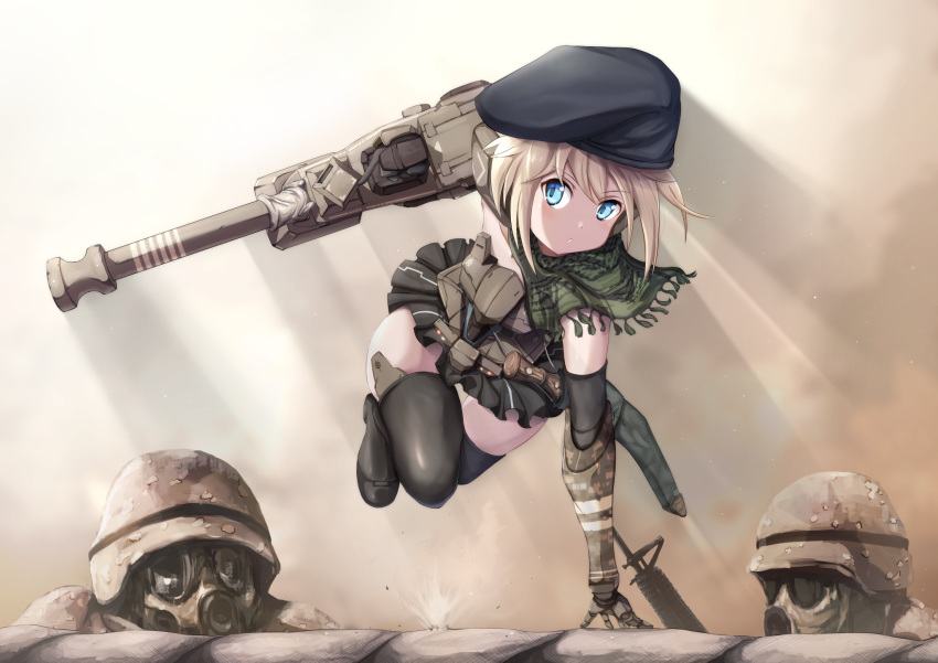 1girl 2others arm_support armor backlighting bangs beret black_footwear black_headwear black_skirt blonde_hair blue_eyes boots brown_headwear brown_sky camouflage cannon commentary dai_toro day eyebrows_visible_through_hair frame_arms_girl fringe_trim gas_mask gourai green_scarf gun hat helmet highres holding holding_weapon jumping knife light_particles looking_at_another looking_at_viewer machine_gun mecha_musume mechanical_arms microskirt multiple_others outdoors parted_lips sandbag scarf short_hair skirt sunlight thigh-highs thigh_boots weapon