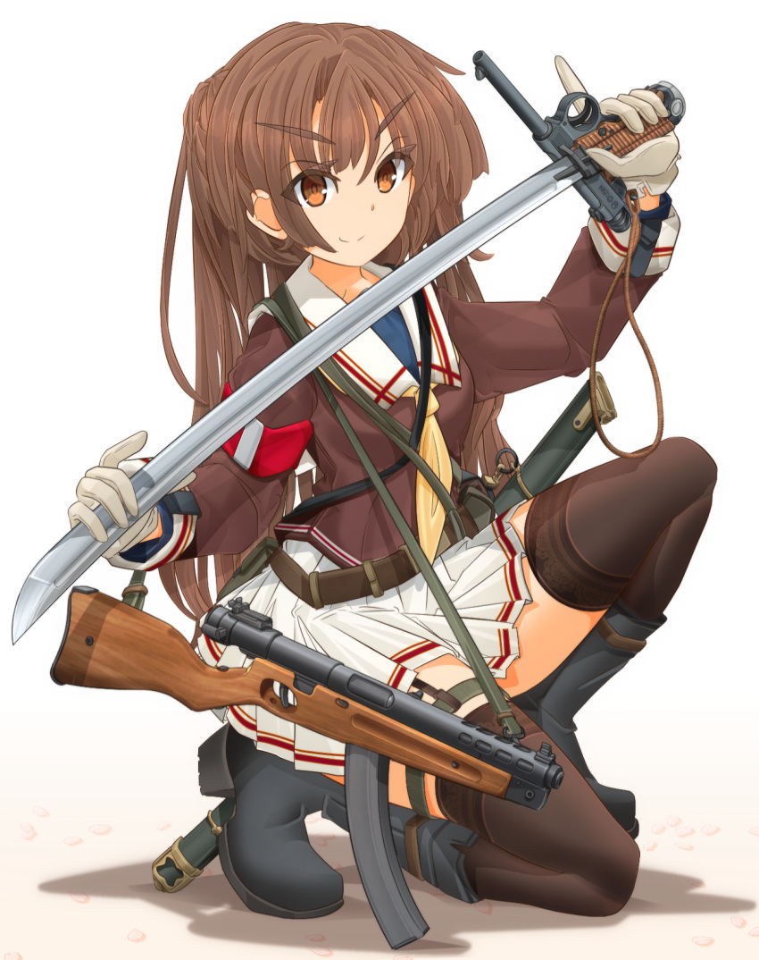 1girl armband bangs black_footwear boots brown_blouse brown_eyes brown_legwear carrying closed_mouth commentary_request double_horizontal_stripe eyebrows_visible_through_hair gloves gun gunblade handgun harness highres holding holding_gun holding_sword holding_weapon imperial_japanese_army long_hair long_sleeves looking_at_viewer mikeran_(mikelan) miniskirt nambu_type_14 neckerchief one_knee original partial_commentary pleated_skirt scabbard school_uniform serafuku shadow sheath skirt smile solo submachine_gun sword thigh-highs thigh_strap trigger_discipline weapon white_background white_gloves white_skirt yellow_neckwear