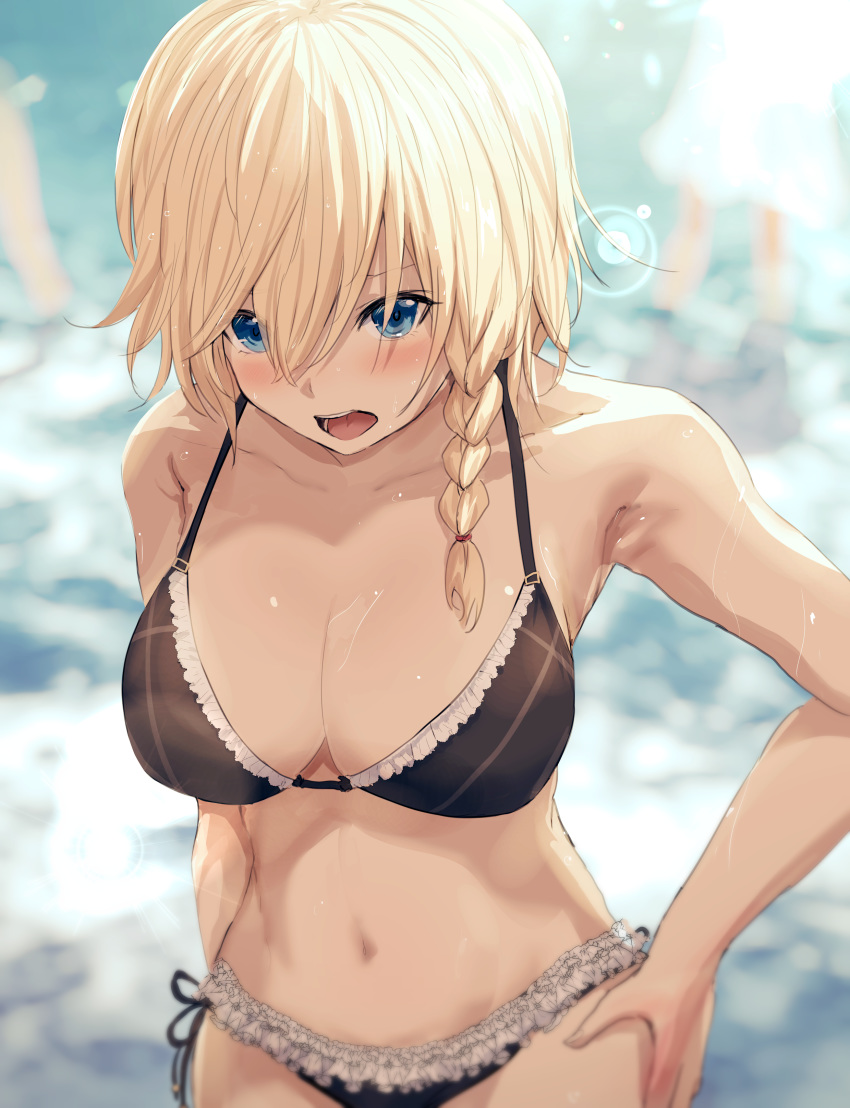 1girl absurdres armpits bangs bikini black_bikini blonde_hair blue_eyes blurry blurry_background blush braid breasts cowboy_shot depth_of_field embarrassed groin hand_on_hip hands_on_hips highres kumamoto_nomii-kun lace lace-trimmed_bikini large_breasts lens_flare looking_at_viewer navel open_mouth original short_hair side-tie_bikini side_braid solo swimsuit upper_body wet