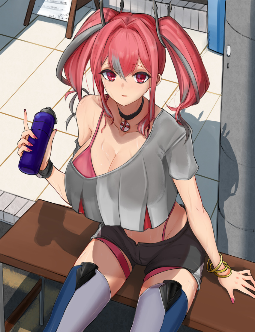 1girl absurdres azur_lane bench bikini bikini_under_clothes black_choker black_shorts bottle bracelet breasts bremerton_(azur_lane) choker commentary_request crop_top from_above grey_hair grey_shirt groin hair_between_eyes highleg highleg_bikini highres huge_breasts jewelry large_breasts lifebuoy looking_at_viewer multicolored_hair nail_polish no_mole outdoors pink_bikini pink_eyes pink_hair shirt short_shorts shorts sitting sitting_on_bench sleeveless streaked_hair swimsuit thigh-highs twintails unique_(pixiv12704744) water_bottle wet wet_clothes