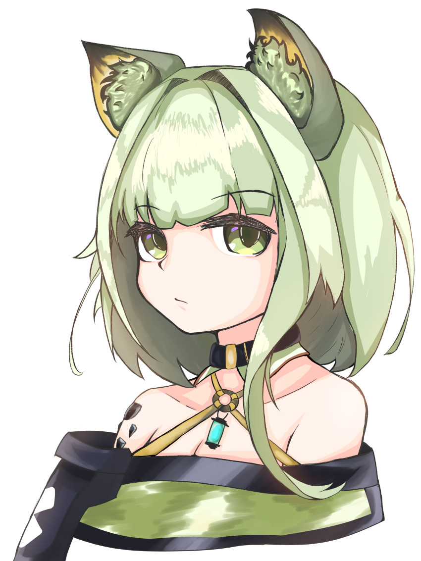 1girl absurdres animal_ear_fluff animal_ears arknights bangs bare_shoulders black_choker choker collarbone commentary_request cropped_torso dress eyebrows_visible_through_hair green_dress green_eyes green_hair hair_intakes highres kal'tsit looking_at_viewer off-shoulder_dress off_shoulder ore_lesion_(arknights) parkp short_hair simple_background solo upper_body white_background