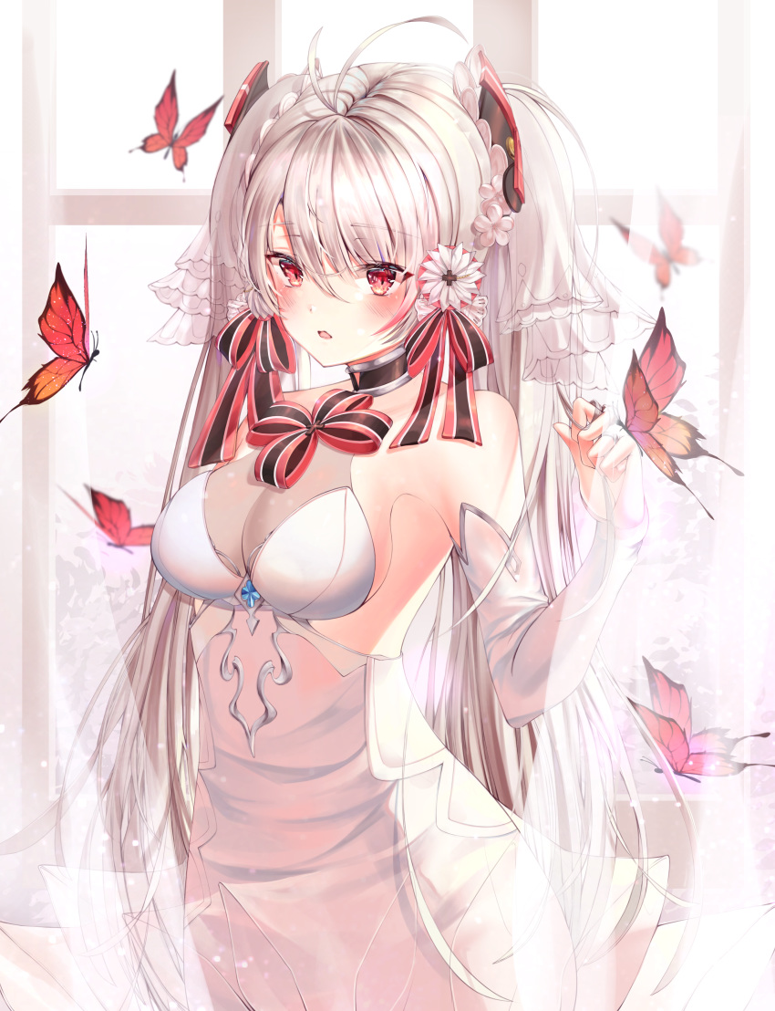 1girl absurdres antenna_hair azur_lane bangs bare_shoulders blush breasts bridal_gauntlets bridal_veil bug butterfly commentary_request dress eyebrows_visible_through_hair flower hair_between_eyes hair_flower hair_ornament headgear highres insect jewelry large_breasts long_hair looking_at_viewer lujang_(fudge) multicolored_hair open_mouth prinz_eugen_(azur_lane) prinz_eugen_(symphonic_fate)_(azur_lane) ring silver_hair solo two_side_up veil very_long_hair wedding_band wedding_dress white_dress white_flower window