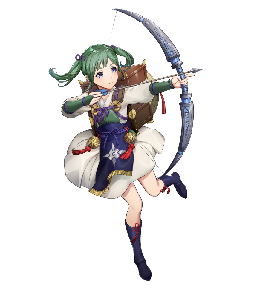 1girl arrow backpack bag bangs boots bow_(weapon) bridal_gauntlets closed_mouth dress fire_emblem fire_emblem_fates fire_emblem_heroes full_body green_hair highres holding holding_bow_(weapon) holding_weapon japanese_clothes kimono leg_up long_hair long_sleeves looking_away midori_(fire_emblem) mikurou_(nayuta) official_art shiny shiny_hair sidelocks solo tied_hair transparent_background twintails weapon