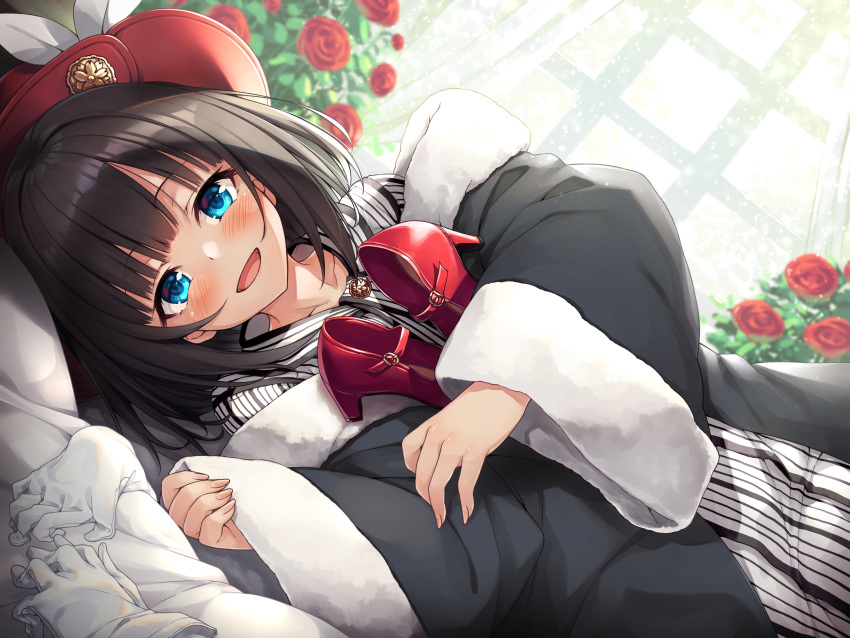 1girl :d bangs black_coat black_hair blue_eyes blurry blurry_background blush coat commentary_request copyright_request curtains depth_of_field dress eyebrows_visible_through_hair flower fur-trimmed_sleeves fur_trim gloves gloves_removed hasumi_(hasubatake39) hat high_heels highres long_sleeves lying on_side open_clothes open_coat open_mouth pinching_sleeves red_flower red_footwear red_headwear red_rose rose shoes_removed sleeves_past_wrists smile solo striped vertical-striped_dress vertical_stripes white_gloves wide_sleeves window