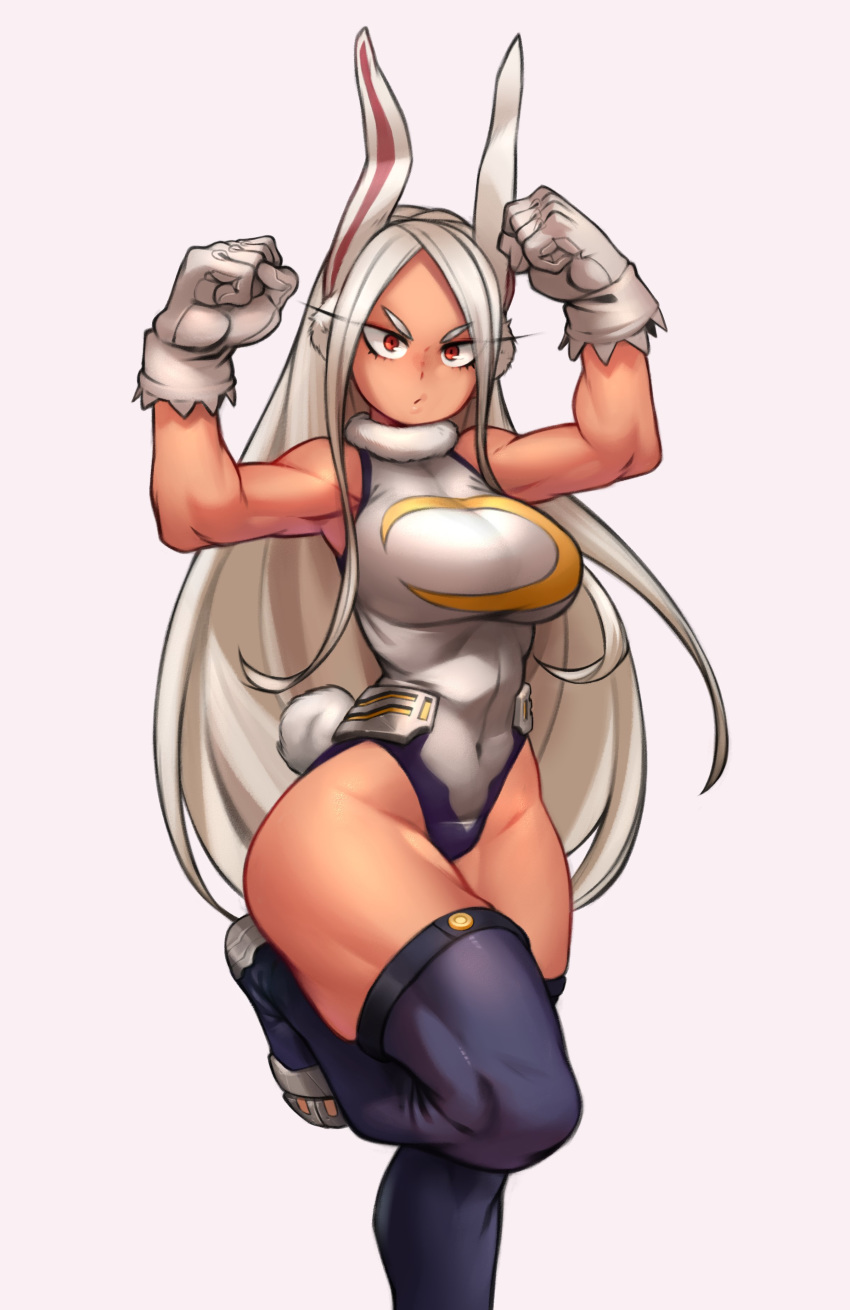 1girl absurdres animal_ear_fluff animal_ears bangs black_legwear boku_no_hero_academia bunny_tail clenched_hands commentary covered_navel dark_skin english_commentary flexing gloves highres kelvin_hiu leotard long_eyelashes long_hair looking_at_viewer mirko muscle muscular_female parted_bangs pose rabbit_ears silver_hair solo standing standing_on_one_leg tail thick_thighs thigh-highs thighs white_background white_gloves wide_hips