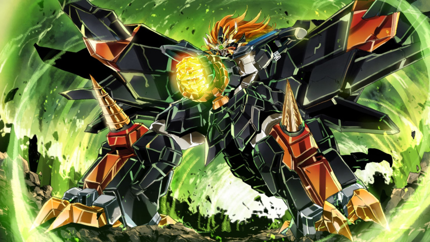 drill energy garimpeiro genesic_gaogaigar glowing_hands hands_together hell_and_heaven highres mecha no_humans super_robot tail wings yuusha_ou_gaogaigar yuusha_ou_gaogaigar_final yuusha_series