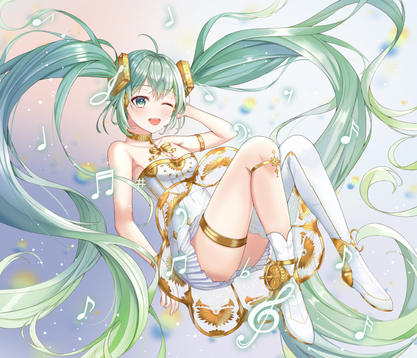1girl ;d absurdres ahoge asymmetrical_footwear bangs bare_shoulders beamed_sixteenth_notes blush breasts commentary_request dress eighth_note eyebrows_visible_through_hair full_body funii green_eyes green_hair hair_ornament hand_behind_head hand_up hatsune_miku highres huge_filesize miku_symphony_(vocaloid) musical_note one_eye_closed open_mouth pleated_dress quarter_note see-through single_thigh_boot small_breasts smile solo strapless strapless_dress treble_clef twintails vocaloid white_dress white_footwear white_legwear