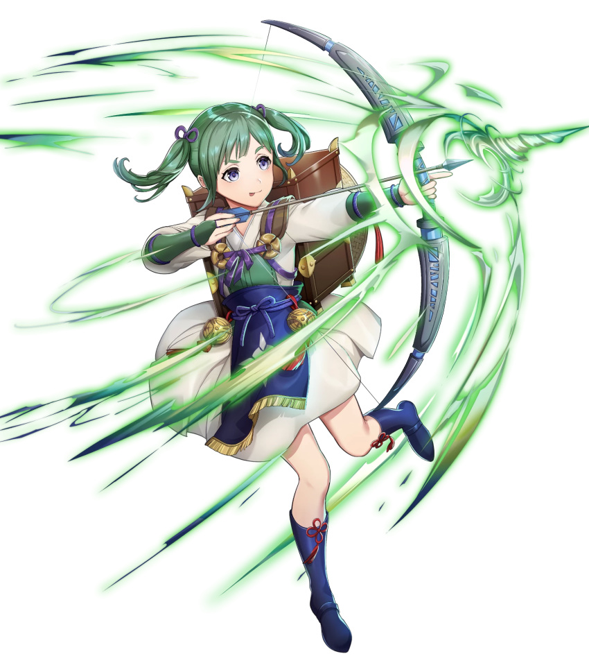 1girl arrow backpack bag bangs boots bow_(weapon) bridal_gauntlets dress fire_emblem fire_emblem_fates fire_emblem_heroes full_body green_hair highres holding holding_bow_(weapon) holding_weapon japanese_clothes kimono leg_up long_hair long_sleeves looking_away midori_(fire_emblem) mikurou_(nayuta) official_art shiny shiny_hair smile solo tied_hair tongue tongue_out transparent_background twintails violet_eyes weapon