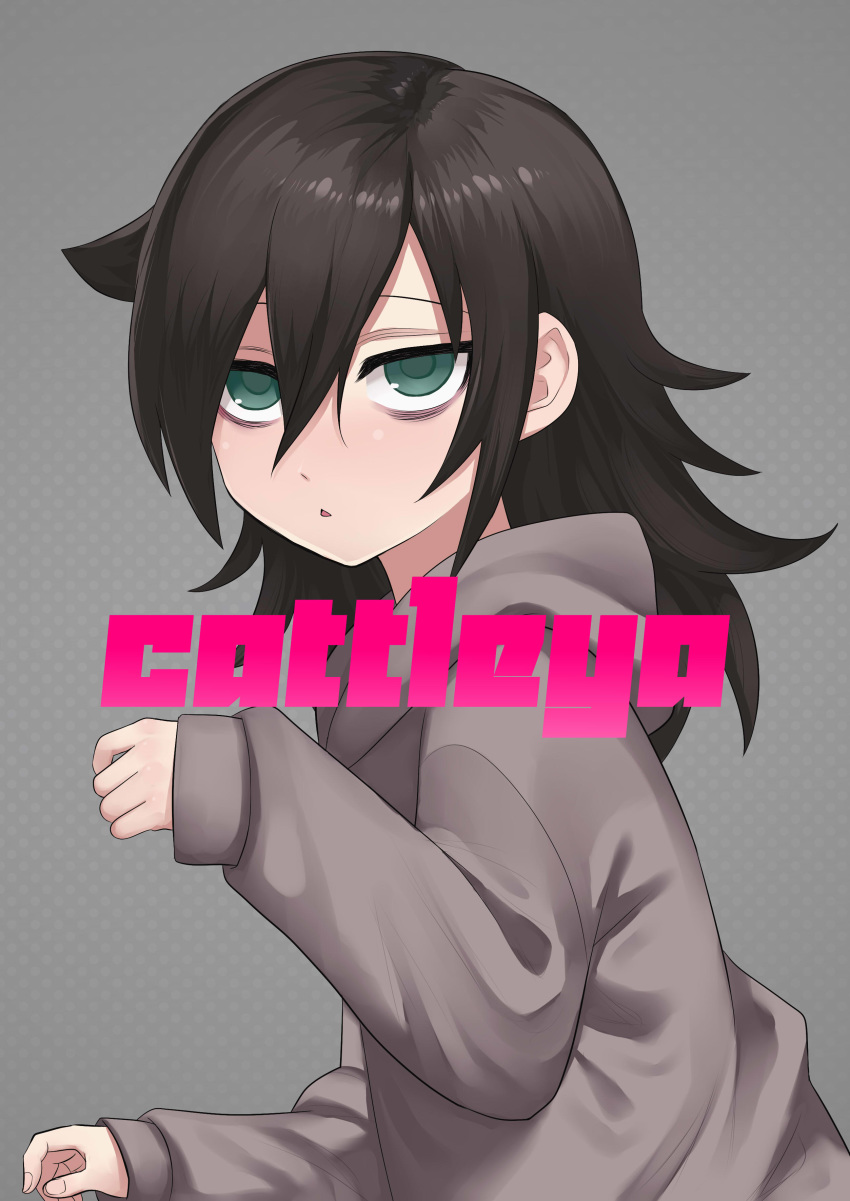 1girl absurdres bags_under_eyes cover cover_page doujin_cover green_eyes grey_background hair_between_eyes highres hood hoodie koma_neko kuroki_tomoko long_hair looking_at_viewer sanpaku simple_background solo triangle_mouth watashi_ga_motenai_no_wa_dou_kangaetemo_omaera_ga_warui!