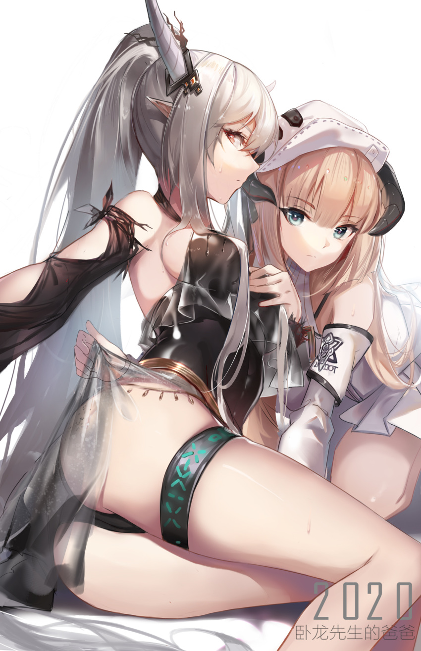 2020 2girls arknights ass bangs bare_shoulders beret black_leotard blonde_hair blue_eyes breasts brown_eyes commentary_request detached_sleeves eyebrows_visible_through_hair feet_out_of_frame from_side hat highres horns leotard long_hair long_sleeves looking_at_viewer medium_breasts multiple_girls nightingale_(arknights) pointy_ears ponytail profile rabbit_(tukenitian) shining_(arknights) sidelocks silver_hair simple_background sitting thigh_strap thighs translation_request very_long_hair white_background white_headwear