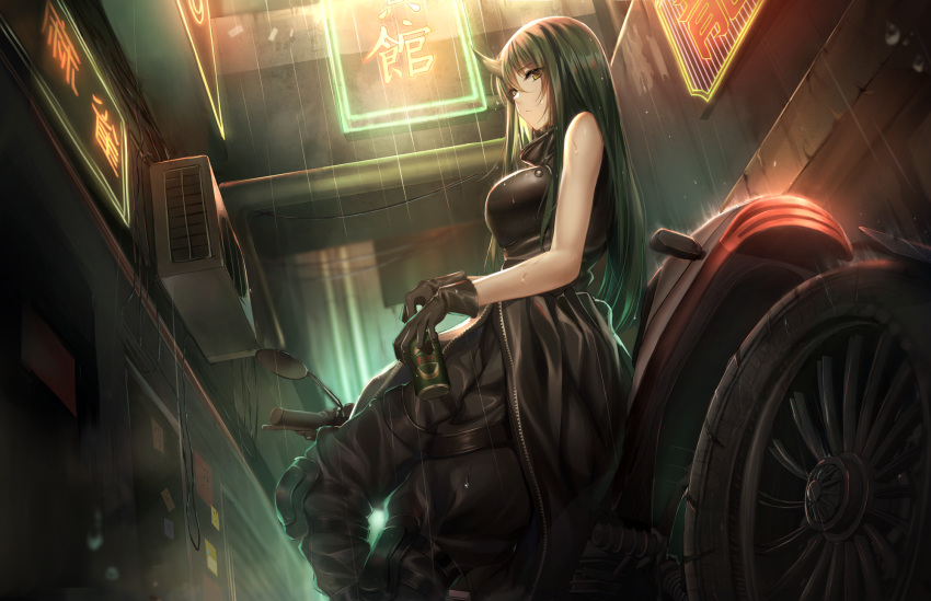 1girl alcohol arknights bangs beer beer_can black_gloves black_jacket black_pants blurry can city clothes_around_waist commentary_request depth_of_field expressionless eyebrows_visible_through_hair from_below gloves green_hair ground_vehicle hair_between_eyes highres holding holding_can hoshiguma_(arknights) jacket jacket_around_waist k.k_(pixiv) leaning_against_motorcycle leaning_back long_hair looking_at_viewer motor_vehicle motorcycle neon_lights oni_horn pants rain scenery shirt skin-covered_horns sleeveless sleeveless_shirt solo translation_request wet