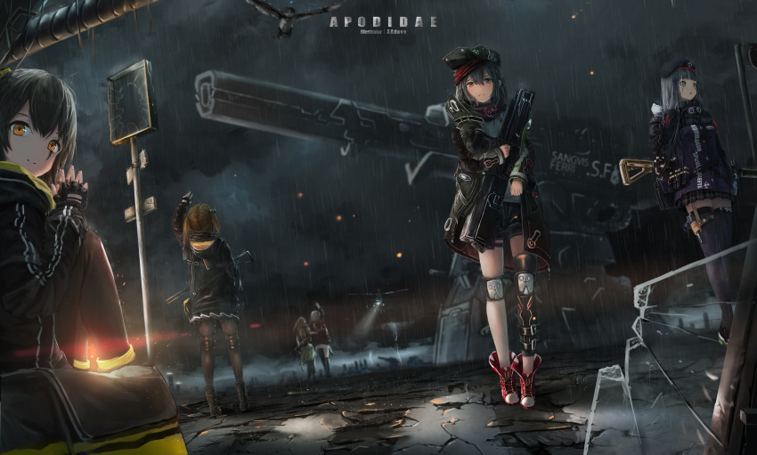 404_(girls_frontline) 6+girls absurdres akdove arm_up artist_name assault_rifle bangs beret black_coat black_shorts boots broken_glass brown_eyes character_request clouds cloudy_sky coat commentary_request fingerless_gloves fingers_together g11_(girls_frontline) girls_frontline glass gloves green_coat green_eyes gun h&amp;k_g11 h&amp;k_hk416 h&amp;k_ump hair_between_eyes hair_ornament hat highres hk416_(girls_frontline) holding holding_weapon looking_at_viewer looking_away multiple_girls outdoors pantyhose purple_coat rain rifle rifle_on_back road_sign robot_joints sangvis_ferri scarf scenery shoes shorts sidewalk sign sky straight_hair submachine_gun tagme thigh-highs twintails ump45_(girls_frontline) ump9_(girls_frontline) weapon yellow_eyes zettai_ryouiki