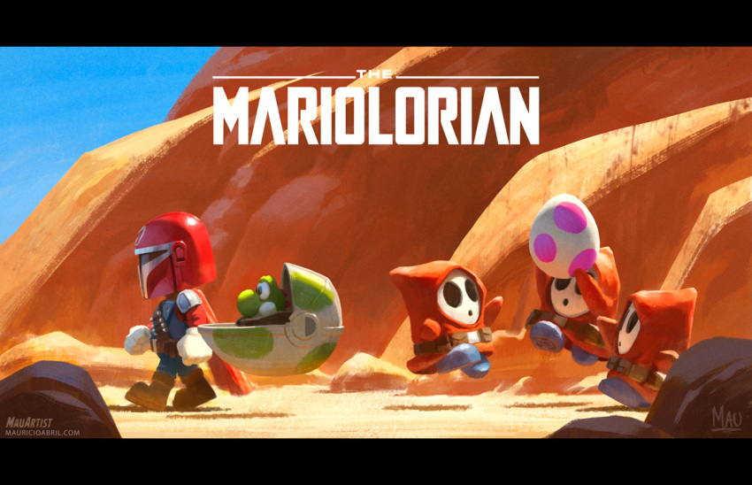 1boy 4others armor baby_carrier blue_sky cape egg gunbelt logo_parody mario super_mario_bros. mask mauricio_abril multiple_others parody rock sand shy_guy sky star_wars super_mario_bros. the_mandalorian walking yoshi