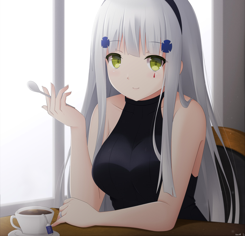 1girl bangs black_shirt blue_hair breasts collarbone cup girls_frontline green_eyes hairband highres hk416_(girls_frontline) jewelry keenh large_breasts long_hair looking_at_viewer medium_breasts ribbed_sweater ring shirt simple_background smile solo sweater teacup wedding_ring