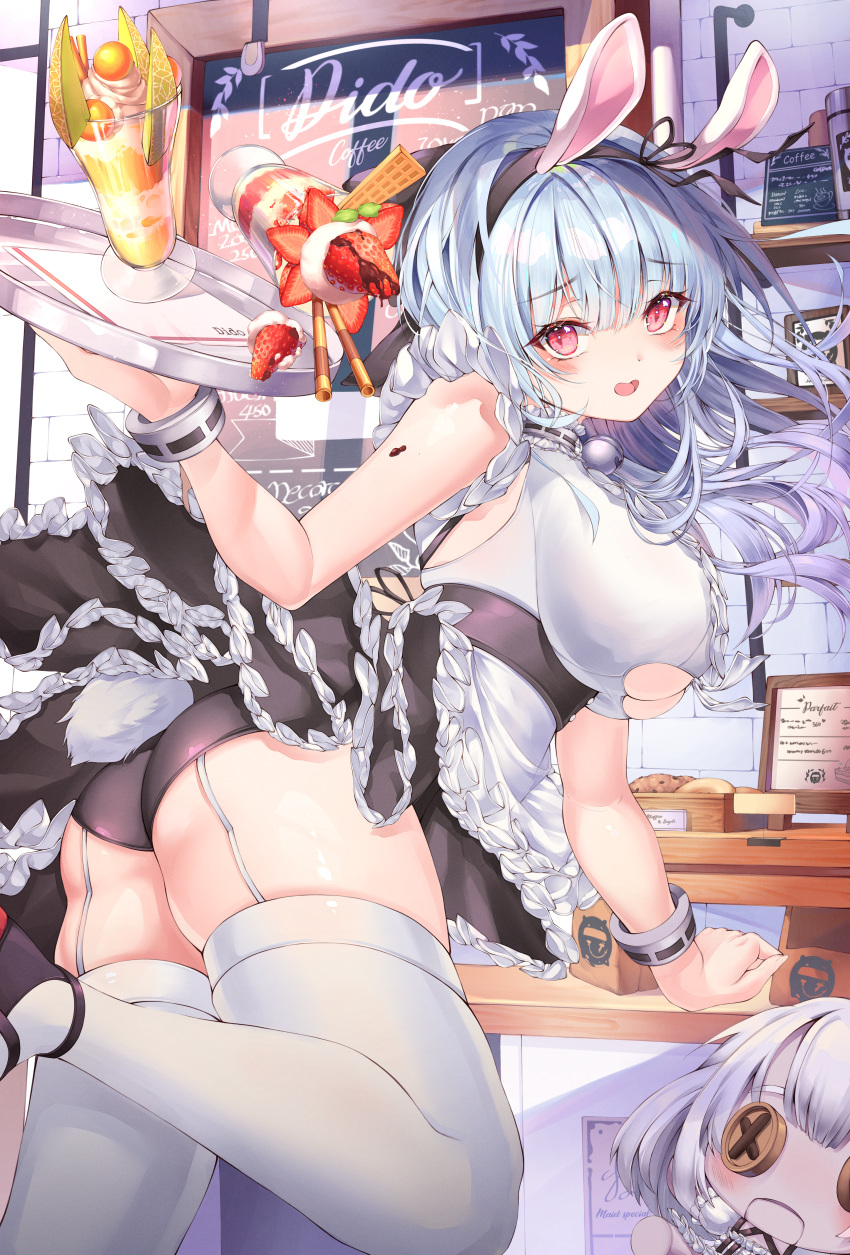 1girl absurdres animal_ears apron ass azur_lane bangs bare_shoulders black_hairband blush breasts button_eyes character_doll choker cleavage_cutout coffee commentary cookie dido_(azur_lane) earrings eyebrows_visible_through_hair fake_animal_ears food frilled_apron frilled_choker frills hair_ornament hairband highres huge_filesize jewelry lace-trimmed_hairband large_breasts long_hair looking_at_viewer lujang_(fudge) maid maid_apron maid_dress open_mouth pink_eyes rabbit_ears silver_hair sleeveless thigh-highs tray under_boob underboob_cutout waist_apron waitress white_apron white_legwear