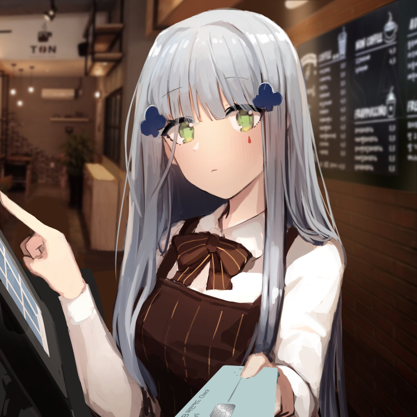 1girl absurdres alternate_costume apron barista bow bowtie commentary credit_card expressionless facial_mark girls_frontline giving green_eyes hair_ornament highres hk416_(girls_frontline) long_hair long_sleeves looking_at_viewer menu_board pn_pixi silver_hair solo teardrop touchscreen very_long_hair