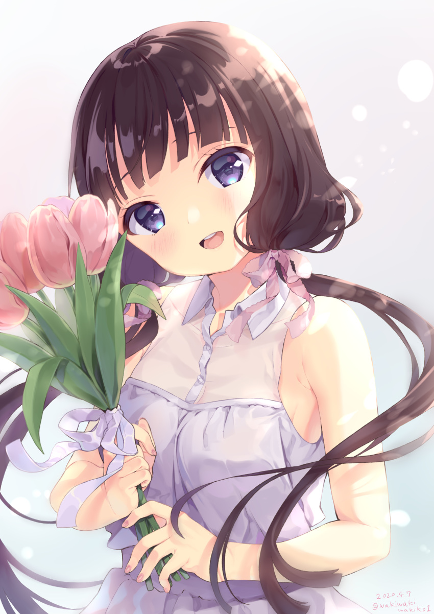 1girl :d absurdres bangs bare_arms bare_shoulders blend_s blue_eyes blush bouquet breasts brown_hair collared_dress commentary_request dated dress eyebrows_visible_through_hair flower head_tilt highres holding holding_bouquet long_hair low_twintails neki_(wakiko) open_mouth pink_flower round_teeth sakuranomiya_maika see-through sleeveless sleeveless_dress small_breasts smile solo teeth twintails twitter_username upper_teeth very_long_hair white_dress