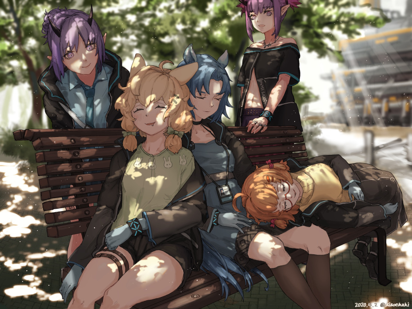 5girls absurdres ahoge animal_ears animal_print arknights artist_name beagle_(arknights) bench black_dress black_footwear black_jacket black_legwear black_shorts blonde_hair blue_dress blue_gloves blue_hair blue_neckwear blue_shirt blurry blurry_background blush boots breasts bunny_print closed_eyes collared_shirt commentary_request dappled_sunlight dated day demon_horns dress drooling eyelashes fang_(arknights) glasses gloves green_shirt hair_ornament hair_ribbon hairclip hibiscus_(arknights) highres horns horse_ears jacket jewelry kneehighs kroos_(arknights) lap_pillow lava_(arknights) leaning_forward light_smile lying medium_breasts medium_hair midriff multiple_girls multiple_rings name_tag navel necktie off_shoulder on_side open_mouth orange_hair outdoors ponytail purple_hair purple_skirt rabbit_ears red-tinted_eyewear ribbon ring saliva shade shirt short_dress short_hair short_shorts short_twintails shorts siblings sidelocks sisters sitting skirt sleeping small_breasts smile standing sunlight sweater t-shirt thigh_strap thighs trait_connection tree tress_ribbon turtleneck turtleneck_sweater twins twintails twitter_username violet_eyes wing_collar wristband xia_oekaki yellow_sweater