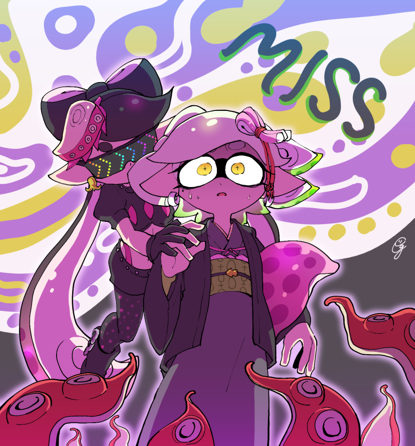 +_+ abstract_background aori_(splatoon) bad_end black_footwear black_gloves black_hair black_legwear boots collar colorful constricted_pupils cousins crop_top domino_mask earrings food food_on_head ggrks05 gloves gradient_hair grey_kimono hair_ornament highres hotaru_(splatoon) japanese_clothes jewelry kanzashi kimono legwear_under_shorts mask midriff mind_control mole mole_under_eye multicolored_hair obi object_on_head pantyhose pointy_ears pushing sash scared shorts spiked_belt spiked_collar spikes splatoon_(series) splatoon_2 squidbeak_splatoon suction_cups sunglasses sweatdrop tako-san_wiener tentacle_hair tentacles thick_eyebrows thong tied_hair white_hair wide-eyed yukata