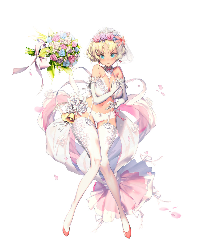 1girl bell blonde_hair blue_eyes bouquet bra destiny_child earrings elbow_gloves flower frown full_body gloves highres jewelry lingerie looking_at_viewer official_art panties petals rose_petals short_hair solo thigh-highs transparent_background underwear veil white_bra white_gloves white_legwear white_panties