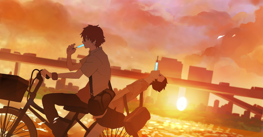 1boy 1girl bag bicycle black_eyes black_hair black_skirt blurry blurry_background brown_hair building bush car clouds cloudy_sky eating evening fingernails food food_in_mouth ground_vehicle highres konno_makoto looking_up mamiya_chiaki motor_vehicle multiple_riders orange_sky outdoors popsicle riding school_bag short_hair silhouette skirt sky sun toki_wo_kakeru_shoujo tree truck twilight water yuzua