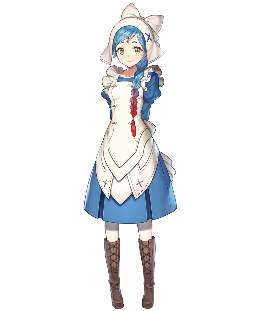 1girl apron arms_behind_back bangs blue_dress blue_hair boots braid closed_mouth collarbone dress fire_emblem fire_emblem_fates fire_emblem_heroes forehead_jewel full_body gradient gradient_hair highres jewelry knee_boots kousei_horiguchi lilith_(fire_emblem) long_hair long_sleeves looking_at_viewer maid multicolored_hair official_art pale_skin pantyhose puffy_sleeves redhead shiny shiny_hair single_braid smile solo standing tied_hair white_legwear yellow_eyes