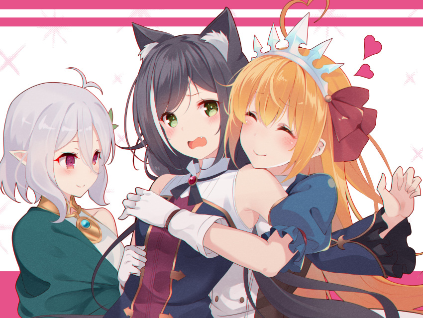 3girls absurdres ahoge animal_ears antenna_hair bangs black_hair blush cat_ears cat_girl closed_eyes dress eyebrows_visible_through_hair fang gloves green_eyes hair_between_eyes hair_ribbon heart heart_ahoge highres hug kokkoro_(princess_connect!) kujou_ichiso kyaru_(princess_connect) long_hair multicolored_hair multiple_girls orange_hair pecorine pink_eyes pointy_ears princess_connect! princess_connect!_re:dive puffy_short_sleeves puffy_sleeves ribbon short_hair short_sleeves silver_hair smile streaked_hair tiara white_gloves