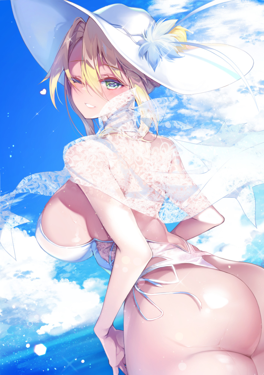 1girl absurdres artoria_pendragon_(all) artoria_pendragon_(swimsuit_ruler)_(fate) ass bangs beach blonde_hair breasts clouds fate/grand_order fate_(series) green_eyes hat highres kanola_u large_breasts looking_at_viewer looking_back parted_lips short_hair sky smile solo sun_hat swimsuit white_swimsuit