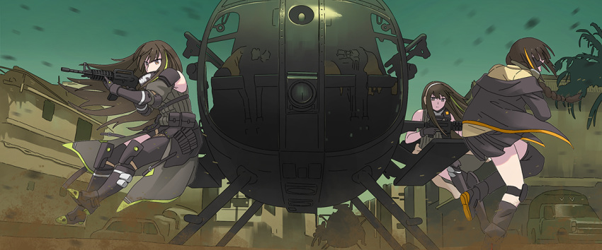 3girls aiming aircraft assault_rifle black_hawk_down boots commentary_request girls_frontline gloves ground_vehicle gun headphones helicopter m16a1_(girls_frontline) m4_carbine m4a1_(girls_frontline) mh-6_little_bird mod3_(girls_frontline) motor_vehicle multiple_girls palm_tree parody rifle tab_(tabkun) town tree truck weapon