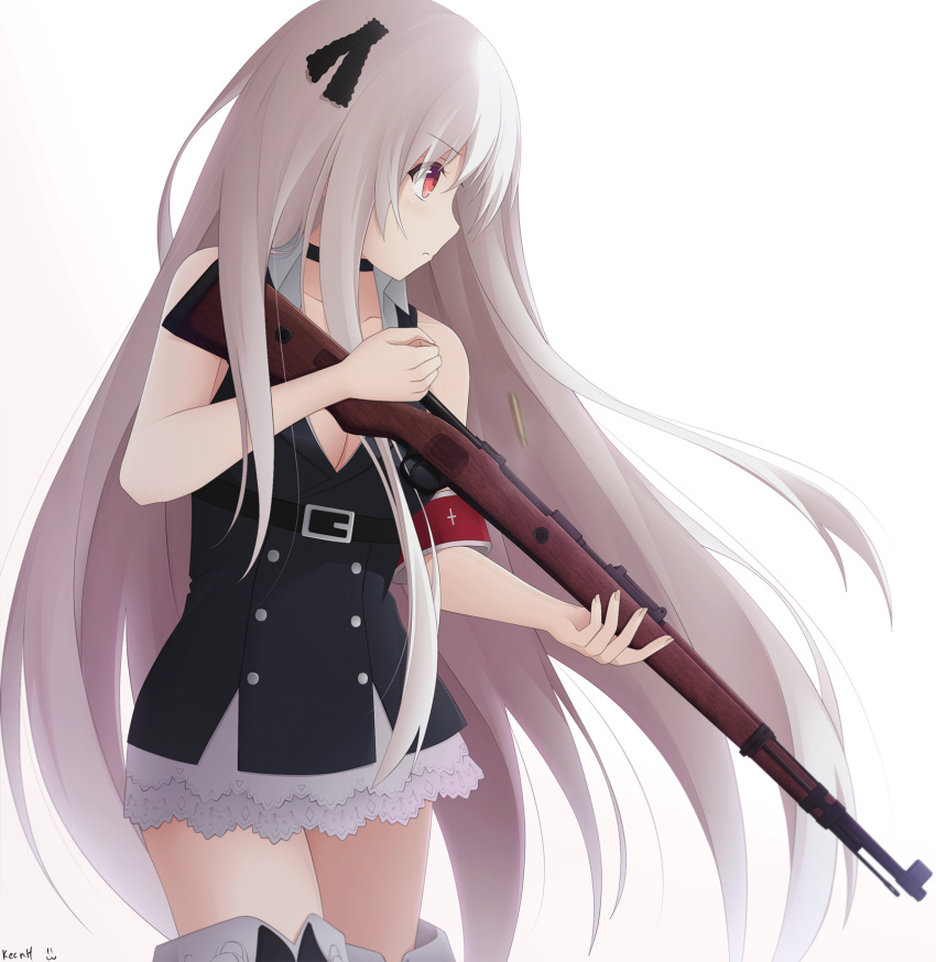 1girl bolt_action breasts choker girls_frontline gun hair_ribbon highres kar98k_(girls_frontline) keenh long_hair looking_to_the_side mauser_98 medium_breasts military military_uniform red_eyes ribbon rifle silver_hair solo tagme uniform weapon white_background