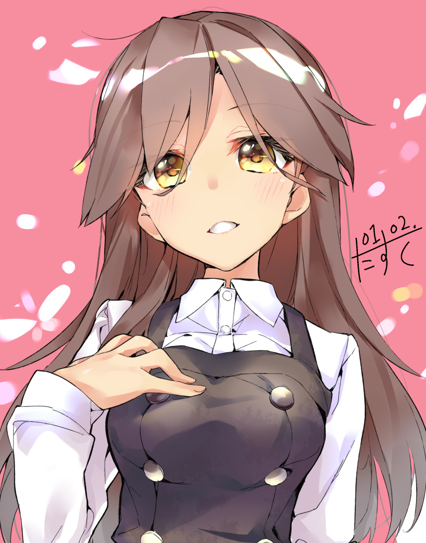 1girl absurdres alternate_breast_size arashio_(kantai_collection) breasts brown_hair dated dress eyebrows_visible_through_hair hair_between_eyes highres kantai_collection large_breasts long_hair long_sleeves looking_at_viewer narumiya_(empty_cafe) pinafore_dress shirt solo white_shirt yellow_eyes