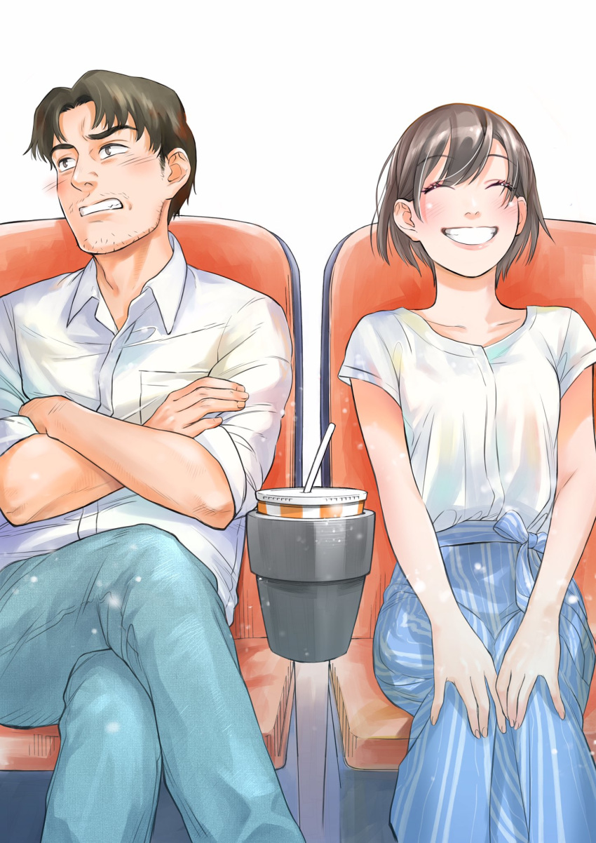 1boy 1girl black_hair blush closed_eyes cup disposable_cup drink drinking_straw embarrassed facial_hair fujita_nao grin happy highres nohara_tao official_art okuda_ippei seat short_hair sitting smile stubble suiyoubi_no_cinema